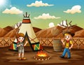 Cartoon the explorer boy and girl camping out