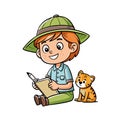 Cartoon Explorer Boy with Tiger Cub, Drawing Nature on Notepad, Cute Design Royalty Free Stock Photo