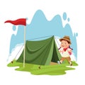 Cartoon explorer girl and camping tent with red flag