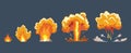 Cartoon explosion effect with smoke. Comic boom effect, explode flash, bomb comic, vector illustration. Frame sprite