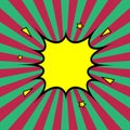 Cartoon explosion with rays of blast and stars on magenta and green background. Pop art retro background. Vector Royalty Free Stock Photo
