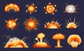 Cartoon explosions. Atomic mushroom cloud, bomb explosion effect, fire blast smoke, dynamite detonation. Explosive burst Royalty Free Stock Photo