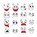 Cartoon expressions. Cute face elements eyes and mouths with happy, sad and angry, disbelief emotions. Caricature vector
