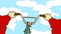 Cartoon Extreme Cycling Trick. Person`s point of view bicycling Royalty Free Stock Photo