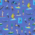 Cartoon Extreme Sports People Seamless Pattern Background. Vector