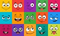 Cartoon face expressions. Happy surprised faces, doodle characters mouth and eyes vector illustration set