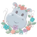 Cartoon face of a hippopotamus on a floral background. Cute little illustration of hippo for kids, baby book, fairy Royalty Free Stock Photo