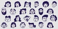 Cartoon faces set. People doodle icon collection. Black and white hand drawn comic caricature. Vector illustration. Royalty Free Stock Photo