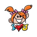 Cartoon face of a young girl saying i love you vector illustration, valentine`s day