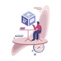 Cartoon faceless man sitting in front of his tasks, lists, and mails vector