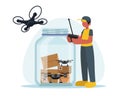 Cartoon faceless man working as military volunteer. Jar with drones vector