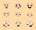 Cartoon faces anime emotion effect. Happy and sad mood facial expressions. Different moods vector set