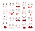Cartoon faces. Happy excited smile laughing unhappy sad cry and scared face expressions. Expressive caricatures vector set Royalty Free Stock Photo