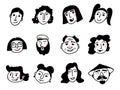 Cartoon faces set. People doodle icon collection. Black and white hand drawn comic caricature. Vector illustration. Royalty Free Stock Photo