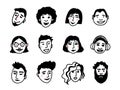 Cartoon faces set. People doodle icon collection. Black and white hand drawn comic caricature. Vector illustration. Royalty Free Stock Photo