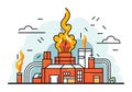 Cartoon factory with smokestacks emitting flames. Industrial building with orange walls, pipes, and pollution