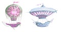 Cartoon Fairy Airship, Hot Air Balloon and Airship in Blue and Pink with Green Colors