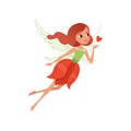 Cartoon fairy with red hair and flower shaped dress. Beautiful mythical creature with magic wings. Girl in flying action