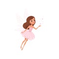 Cartoon fairy girl flying and spreading magical dust. Brown-haired pixie in cute pink dress. Fairytale character with Royalty Free Stock Photo