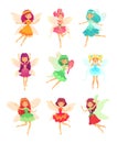 Cartoon fairy girls. Cute fairies dancing in colorful dresses. Magic flying little creatures characters with wings vector set Royalty Free Stock Photo