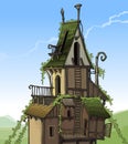 Cartoon fairy house overgrown plants