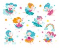 Cartoon fairy. Kids fairies in dress, sweet mythical and tales characters. Magic cute flying girls. Little princess with Royalty Free Stock Photo