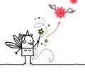 Cartoon Fairy with Magic Wand and Corona-Virus Flying away