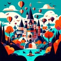 Cartoon of fairy tale castle Fairytale landscape with castle, trees, hot air balloons, clouds and river AI Generated Royalty Free Stock Photo