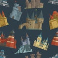 Cartoon fairy tale castle key-stone palace tower architecture building seamless pattern background vector Royalty Free Stock Photo