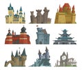 Cartoon fairy tale castle key-stone palace tower icon scarry knight medieval architecture building vector illustration. Royalty Free Stock Photo