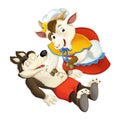 Cartoon fairy tale character for different usage - mother goat is sewing belly of a wolf while he is sleeping