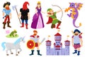 Cartoon fairy tale dragon, pirate, princess fantasy characters. Fairy tale fantasy unicorn, medieval castle, dragon