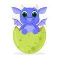 Cartoon fairy tale fantasy cute newborn baby dragon. Cute dragon baby hatches from egg isolated vector illustration