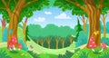 Cartoon fairy tale forest in summer or spring. Vector background with copy space Royalty Free Stock Photo