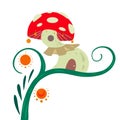 Cartoon fairy tale house fly agaric on a liana with lanterns for fairies and gnomes on a white background. A fabulous home