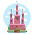 Cartoon fairy tale pink alcazar castle vector illustration. Princess mysterious house with flags and gate