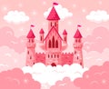 Cartoon fairy tale pink castle. Magic fairytale medieval tower, princess castle in pink clouds vector fabulous Royalty Free Stock Photo