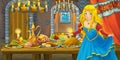 Cartoon fairy tale with princess in the castle by the table full of food looking and smiling