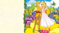 Cartoon fairy tale scene with beautiful young girl and boy - elfs on flower having wedding ceremony - with frame for text