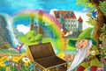 Cartoon fairy tale scene with dwarf in the field full of flowers near wooden chest small waterfall colorful rainbow and bi Royalty Free Stock Photo