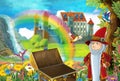 Cartoon fairy tale scene with dwarf in the field full of flowers near wooden chest small waterfall colorful rainbow and bi Royalty Free Stock Photo