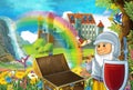 Cartoon fairy tale scene with dwarf in the field full of flowers near wooden chest small waterfall colorful rainbow and bi