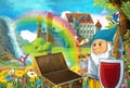 Cartoon fairy tale scene with dwarf in the field full of flowers near wooden chest small waterfall colorful rainbow and bi Royalty Free Stock Photo