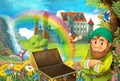 Cartoon fairy tale scene with dwarf in the field full of flowers near wooden chest small waterfall colorful rainbow and bi Royalty Free Stock Photo