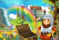 Cartoon fairy tale scene with dwarf in the field full of flowers near wooden chest small waterfall colorful rainbow and bi Royalty Free Stock Photo