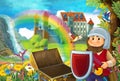 Cartoon fairy tale scene with dwarf in the field full of flowers near wooden chest small waterfall colorful rainbow and bi Royalty Free Stock Photo