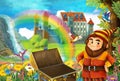 Cartoon fairy tale scene with dwarf in the field full of flowers near wooden chest small waterfall colorful rainbow and bi Royalty Free Stock Photo