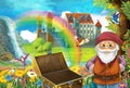 Cartoon fairy tale scene with dwarf in the field full of flowers near wooden chest small waterfall colorful rainbow and bi Royalty Free Stock Photo