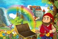 Cartoon fairy tale scene with dwarf in the field full of flowers near wooden chest small waterfall colorful rainbow and bi