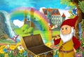 Cartoon fairy tale scene with dwarf in the field full of flowers near wooden chest small waterfall colorful rainbow and bi Royalty Free Stock Photo